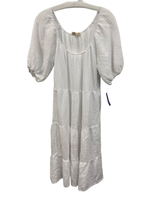 Nation Size XS White Cotton Textured Short Puff Sleeve Tiered Midi Dress White / XS