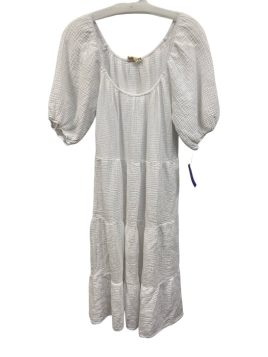 Nation Size XS White Cotton Textured Short Puff Sleeve Tiered Midi Dress White / XS