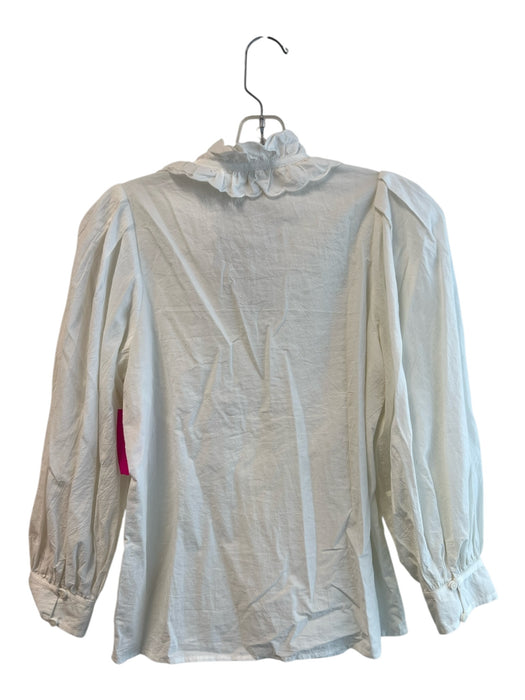 The Great Size 0 White Cotton Button Down V Neck Ruffle Detail Puff Sleeve Top White / 0