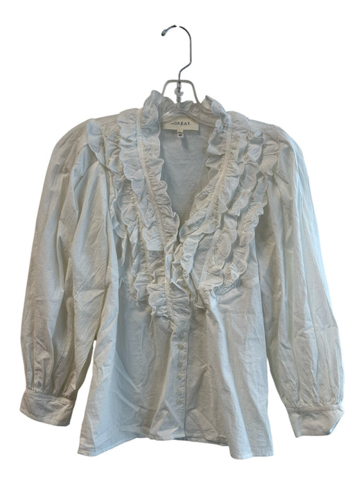 The Great Size 0 White Cotton Button Down V Neck Ruffle Detail Puff Sleeve Top White / 0