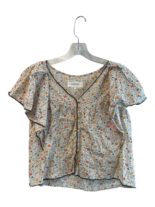 The Great Size 0 White & Multi Cotton Button Down Floral Short Sleeve Hi Lo Top White & Multi / 0