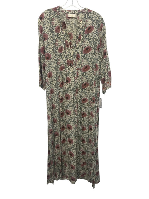 Natalie Martin Size XS Beige, Pink, Green Rayon Floral Side Slits Midi Dress Beige, Pink, Green / XS