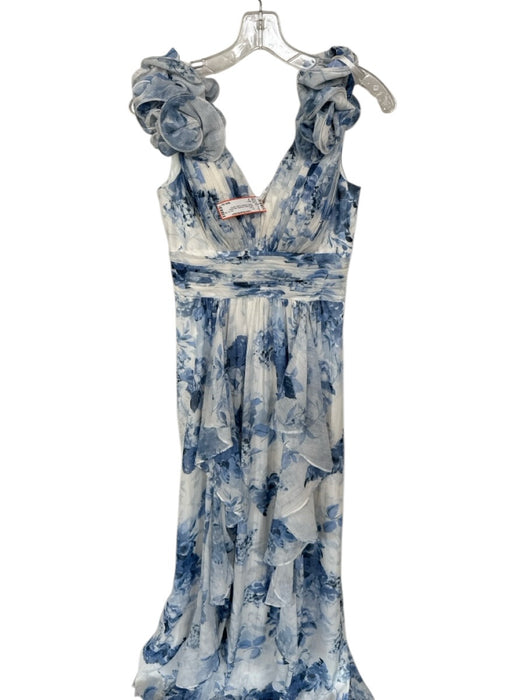 Eliza J Size 2 White & Blue Polyester Sleeveless Flowers Metallic Thread Gown White & Blue / 2