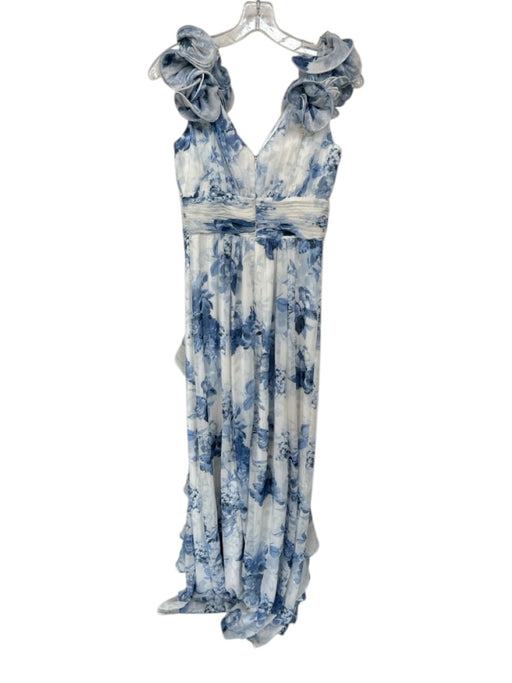 Eliza J Size 2 White & Blue Polyester Sleeveless Flowers Metallic Thread Gown White & Blue / 2
