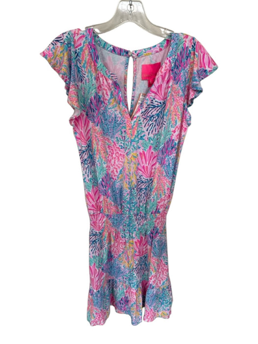 Lilly Pulitzer Size XS Pink & blue Rayon Flutter Sleeves Coral Romper Pink & blue / XS