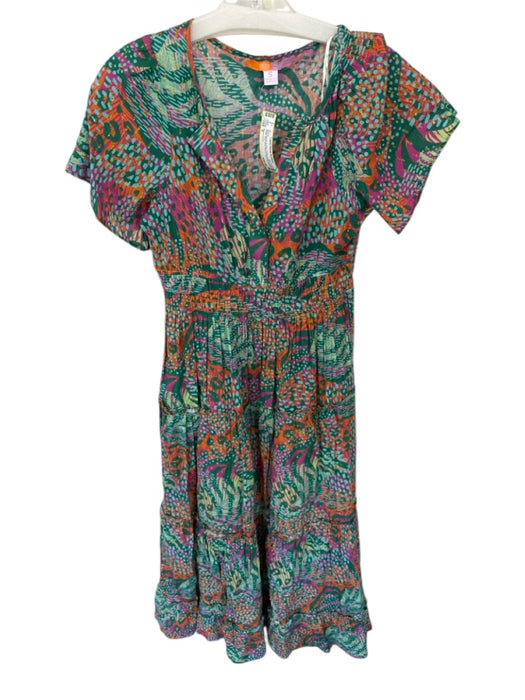 Briton Court Size S Blue Orange & Pink Cotton V Neck Gold detail Maxi Dress Blue Orange & Pink / S