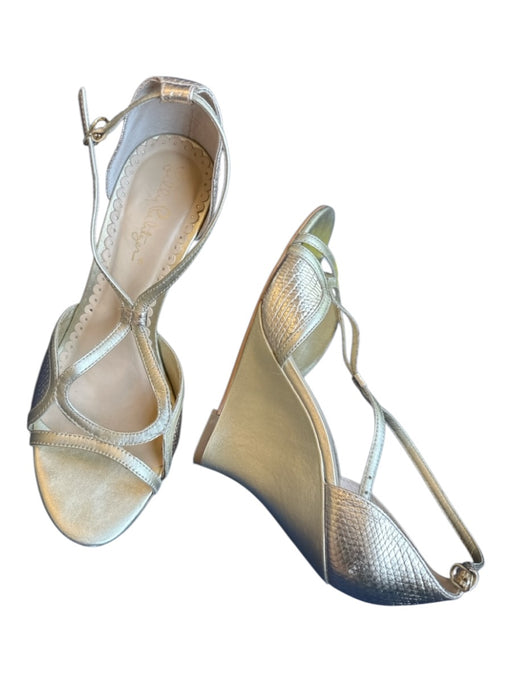 Lily Pulitzer Shoe Size 7.5 Gold Leather Straps Open Toe Scallop Detail Wedges Gold / 7.5