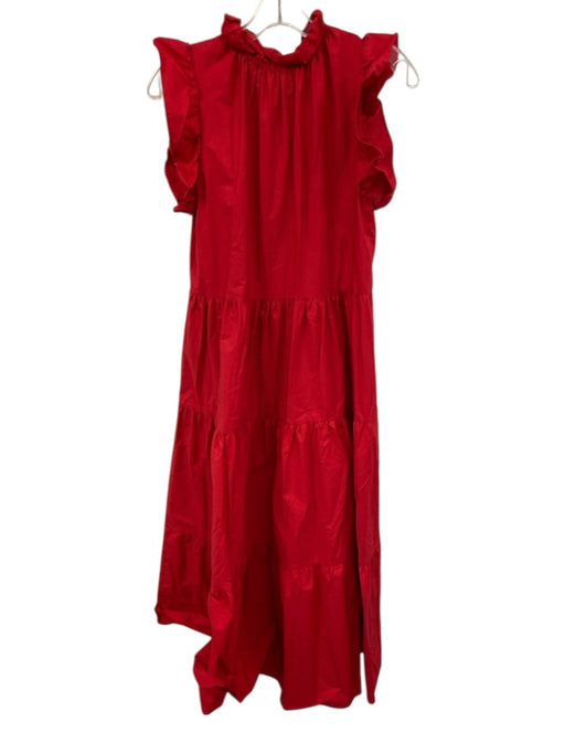 Chepe Size M Red Cotton Ruffle Cap Sleeve Ruffle mock neck Tiered Midi Dress Red / M