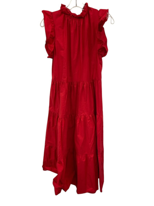 Chepe Size M Red Cotton Ruffle Cap Sleeve Ruffle mock neck Tiered Midi Dress Red / M