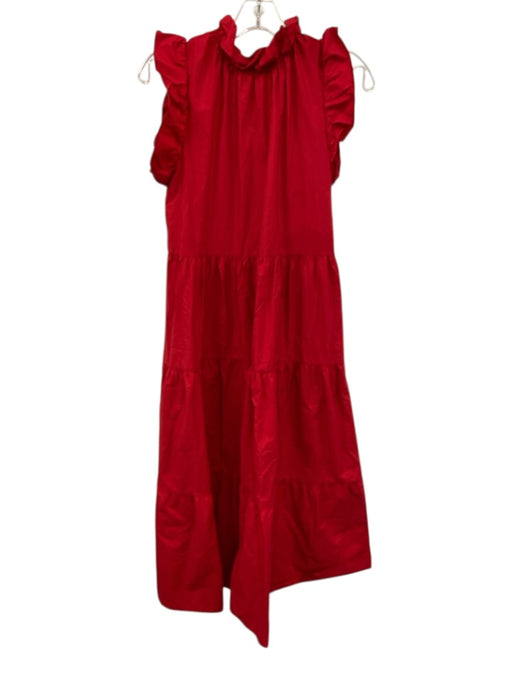 Chepe Size M Red Cotton Ruffle Cap Sleeve Ruffle mock neck Tiered Midi Dress Red / M