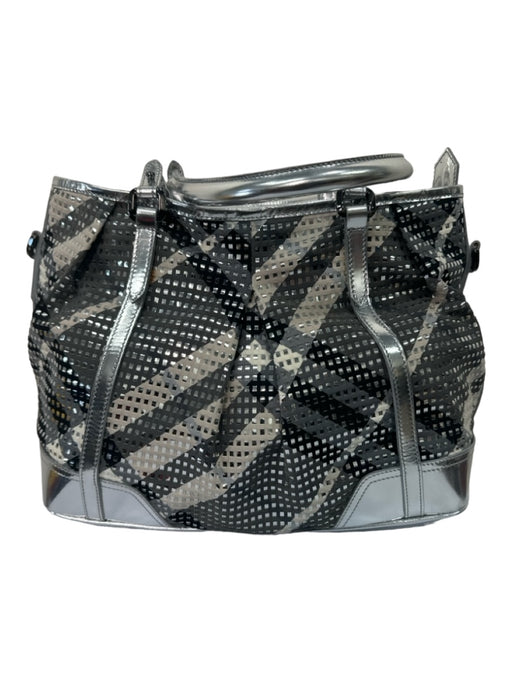 Burberry Silver, Gray, Cream Canvas Patent Leather Plaid Tote Strap Included Bag Silver, Gray, Cream / Large