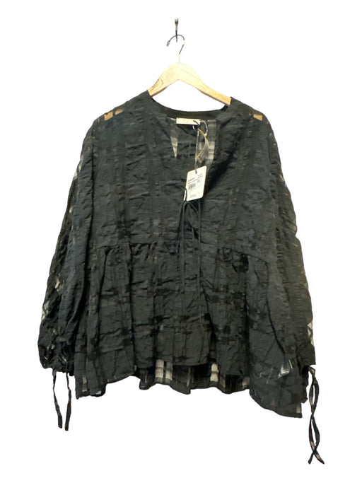 Beatrice B. Size 12 Black Cotton Blend Semi Sheer Long Sleeve Textured Top Black / 12