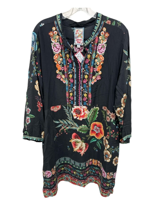 Johnny Was Size XL Black, Orange, Multi Silk 3/4 Sleeve Floral Embroidery Dress Black, Orange, Multi / XL