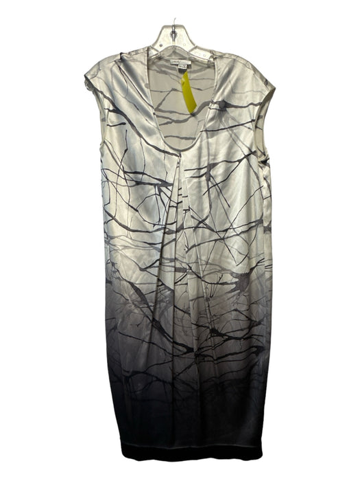 Vince Size M White & Grey Silk Midi Sleeveless Pleat Detail Brush Stroke Dress White & Grey / M