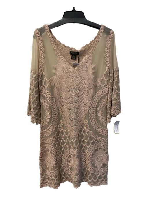 AS by DF Size L nude Nylon Mesh Panel Half Sleeve V Neck Embroidered Dress nude / L