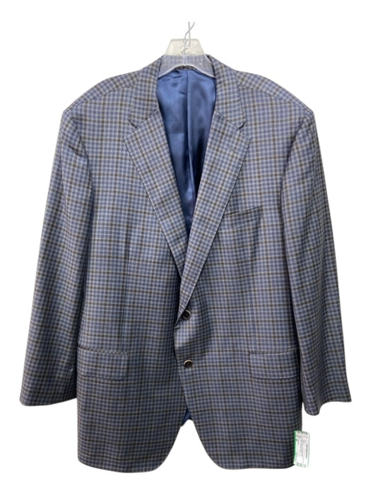 H Stockton Blue & Brown Wool Blend Plaid 2 Button Men's Blazer 48L