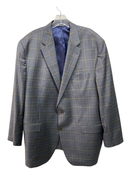 H Stockton Gray & Beige Print Wool Blend Plaid 2 Button Men's Blazer 48L