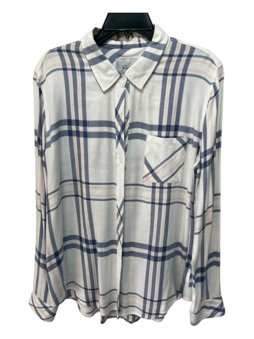 Rails Size L White, Blue & Pink Rayon Plaid Button Up Long Sleeve Collar Top White, Blue & Pink / L