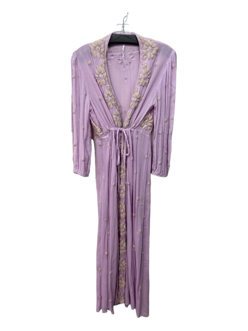 Free People Size S Purple & Beige Viscose Floral Embroidered Long Sleeve Dress Purple & Beige / S