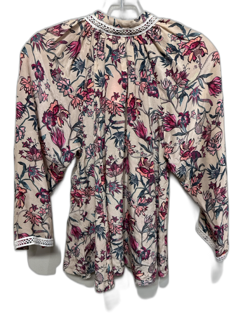 Chufy Size XS Beige, Pink & Blue Silk 3/4 Balloon Sleeve Floral Ladder Lace Top Beige, Pink & Blue / XS