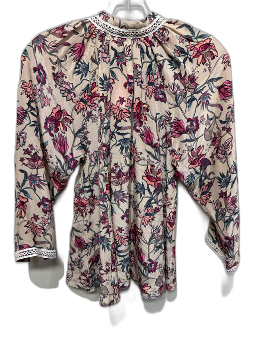 Chufy Size XS Beige, Pink & Blue Silk 3/4 Balloon Sleeve Floral Ladder Lace Top Beige, Pink & Blue / XS