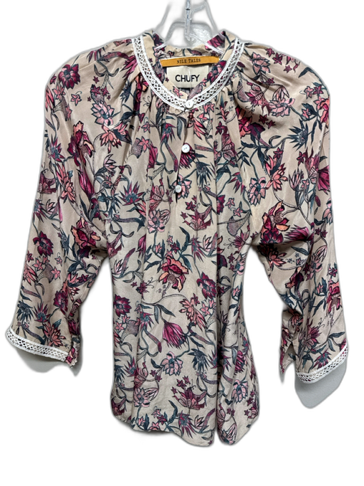 Chufy Size XS Beige, Pink & Blue Silk 3/4 Balloon Sleeve Floral Ladder Lace Top Beige, Pink & Blue / XS