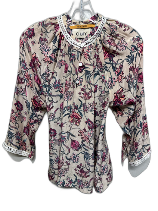 Chufy Size XS Beige, Pink & Blue Silk 3/4 Balloon Sleeve Floral Ladder Lace Top Beige, Pink & Blue / XS
