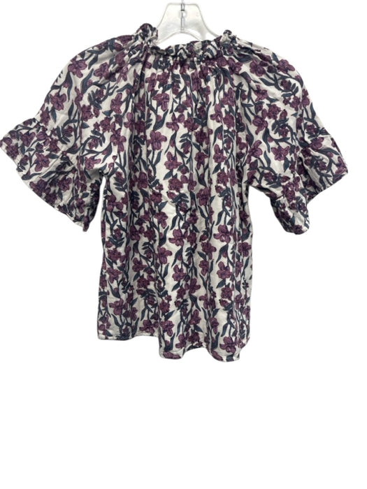 Victoria Dunn Size XS White, Purple & Blue Cotton Floral Short Sleeve Top White, Purple & Blue / XS