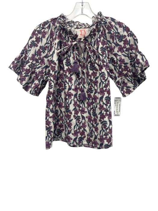 Victoria Dunn Size XS White, Purple & Blue Cotton Floral Short Sleeve Top White, Purple & Blue / XS