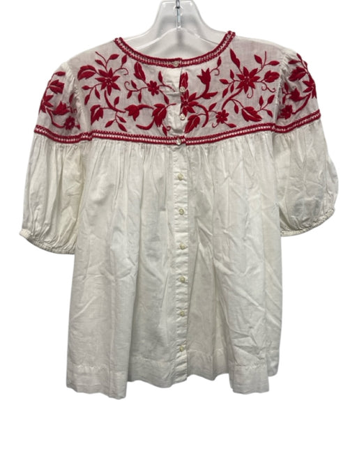 The Great Size 2 White & Red Cotton Floral Embroidered Short Puff Sleeve Top White & Red / 2