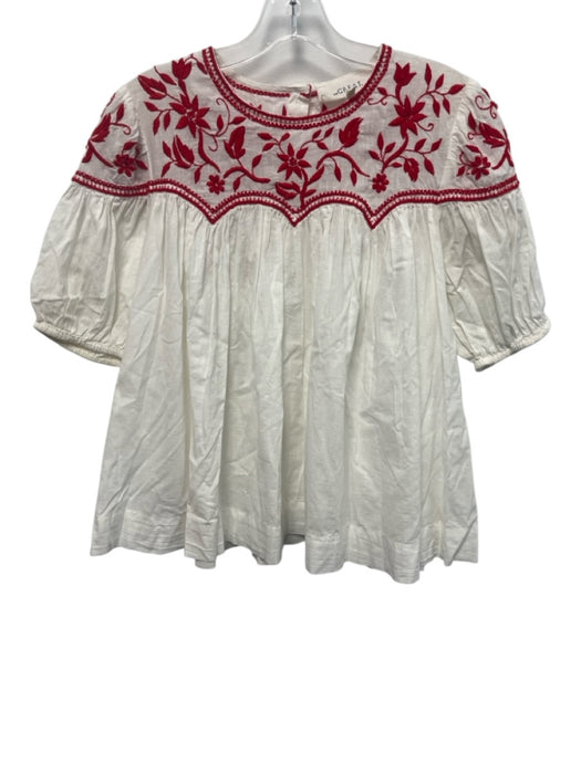 The Great Size 2 White & Red Cotton Floral Embroidered Short Puff Sleeve Top White & Red / 2