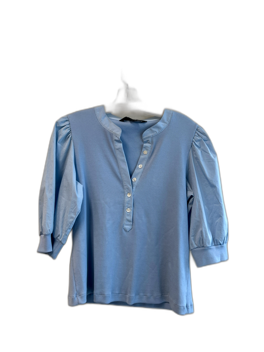 Veronica Beard Size L Blue Pima Cotton 3/4 Sleeve Ribbed Button Down V Neck Top Blue / L