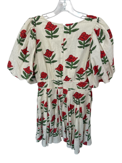 Rhode Size 2 Cream & Red Cotton Floral Bubble Sleeve V Neck Pleated Dress Cream & Red / 2