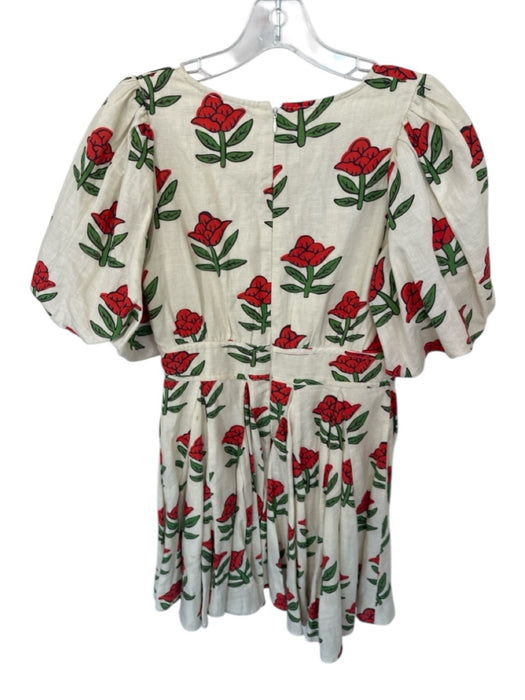Rhode Size 2 Cream & Red Cotton Floral Bubble Sleeve V Neck Pleated Dress Cream & Red / 2
