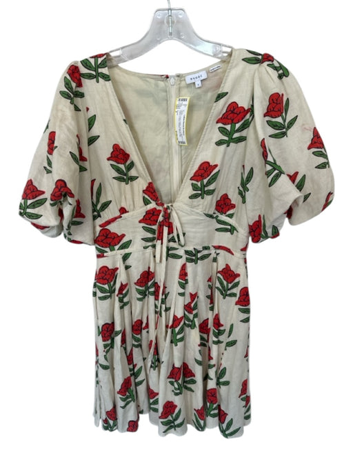 Rhode Size 2 Cream & Red Cotton Floral Bubble Sleeve V Neck Pleated Dress Cream & Red / 2