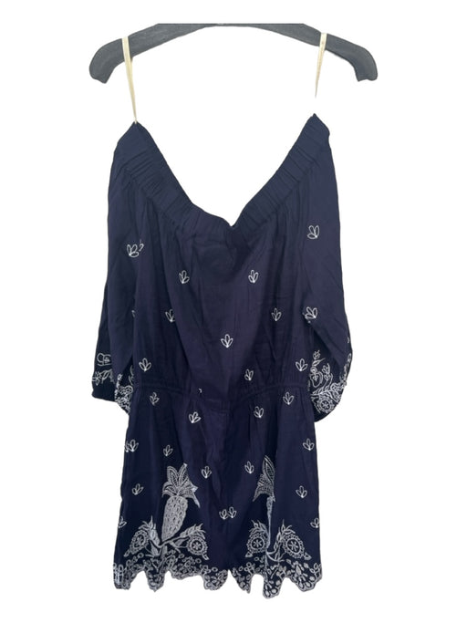 Farm Rio Size M Navy & white Linen Blend Off Shoulder Floral Embroidery Romper Navy & white / M