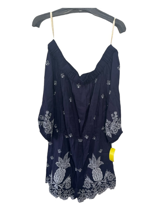 Farm Rio Size M Navy & white Linen Blend Off Shoulder Floral Embroidery Romper Navy & white / M