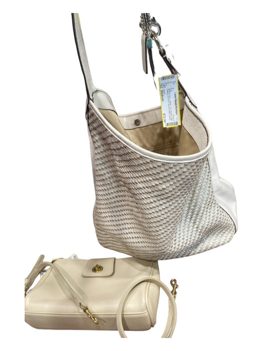 Coach White & Gold Leather Top Handle Snap Closure Shimmer Woven Detail Bag White & Gold / Medium