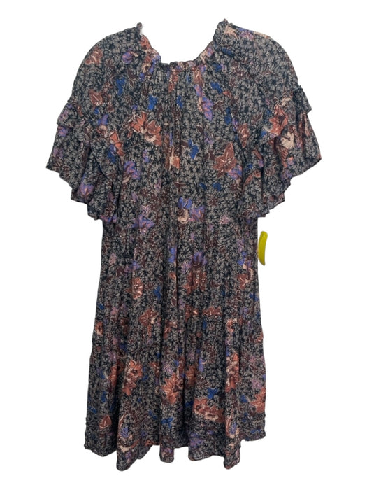Ulla Johnson Size 8 Black & Multi Cotton Blend Floral Ruffle Tiered Sleeve Dress Black & Multi / 8