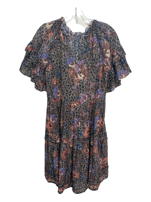 Ulla Johnson Size 8 Black & Multi Cotton Blend Floral Ruffle Tiered Sleeve Dress Black & Multi / 8