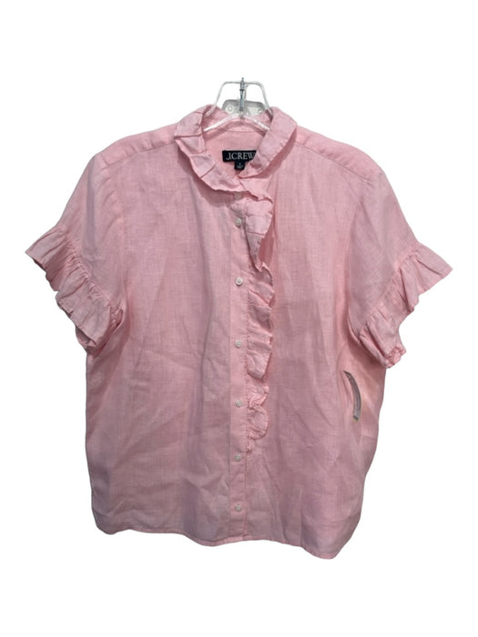 J Crew Size 8 Pale Pink Linen Collared Button Up Ruffle Neckline 1/2 sleeve Top Pale Pink / 8
