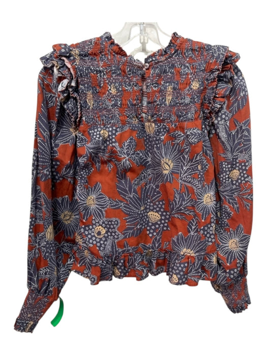 Love The Label Size S Orange, Blue, Multi Cotton floral print Smocked Detail Top Orange, Blue, Multi / S