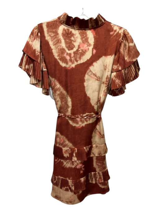 Alden Adair Size S Brown, Beige, Orange Polyester Abstract Print Ruffled Dress Brown, Beige, Orange / S