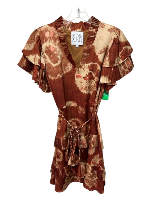 Alden Adair Size S Brown, Beige, Orange Polyester Abstract Print Ruffled Dress Brown, Beige, Orange / S