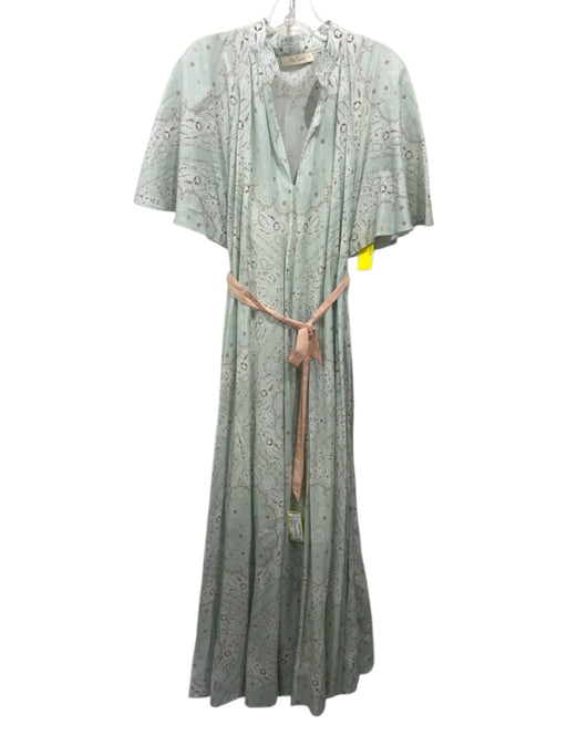 Mes Demoiselles Size 36 Mint Green & Brown Cotton Paisley V Neck Belted Dress Mint Green & Brown / 36