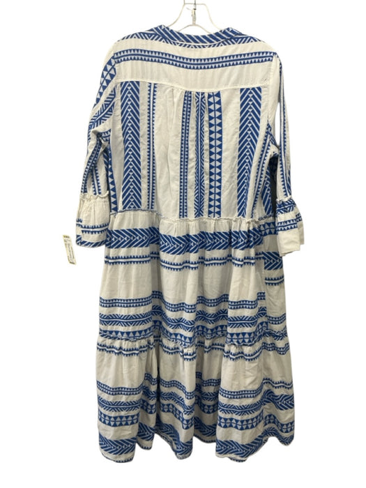 Sofia Size Est S White & Blue Cotton 3/4 Sleeve Geometric 1/2 Button Dress White & Blue / Est S