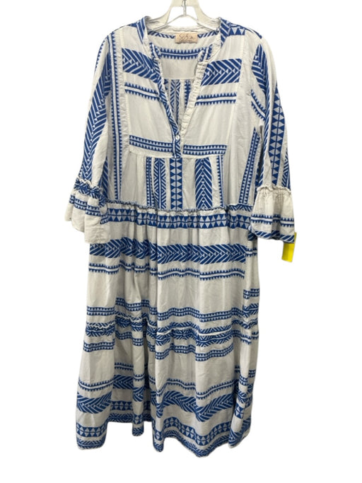 Sofia Size Est S White & Blue Cotton 3/4 Sleeve Geometric 1/2 Button Dress White & Blue / Est S