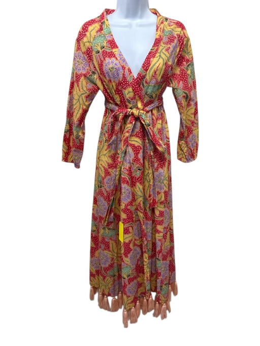 Rhode Resort Size M Red & Multi Cotton Floral Paisley 3/4 Sleeve Tassel Hem Robe Red & Multi / M