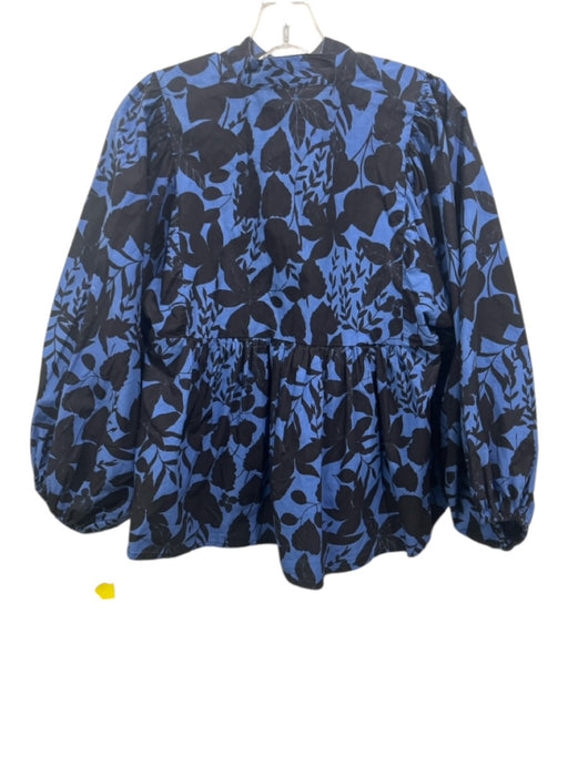 Oliphant Size S Blue & Black Cotton Floral Silouhette Long Balloon Sleeve Top Blue & Black / S