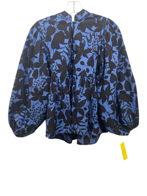 Oliphant Size S Blue & Black Cotton Floral Silouhette Long Balloon Sleeve Top Blue & Black / S